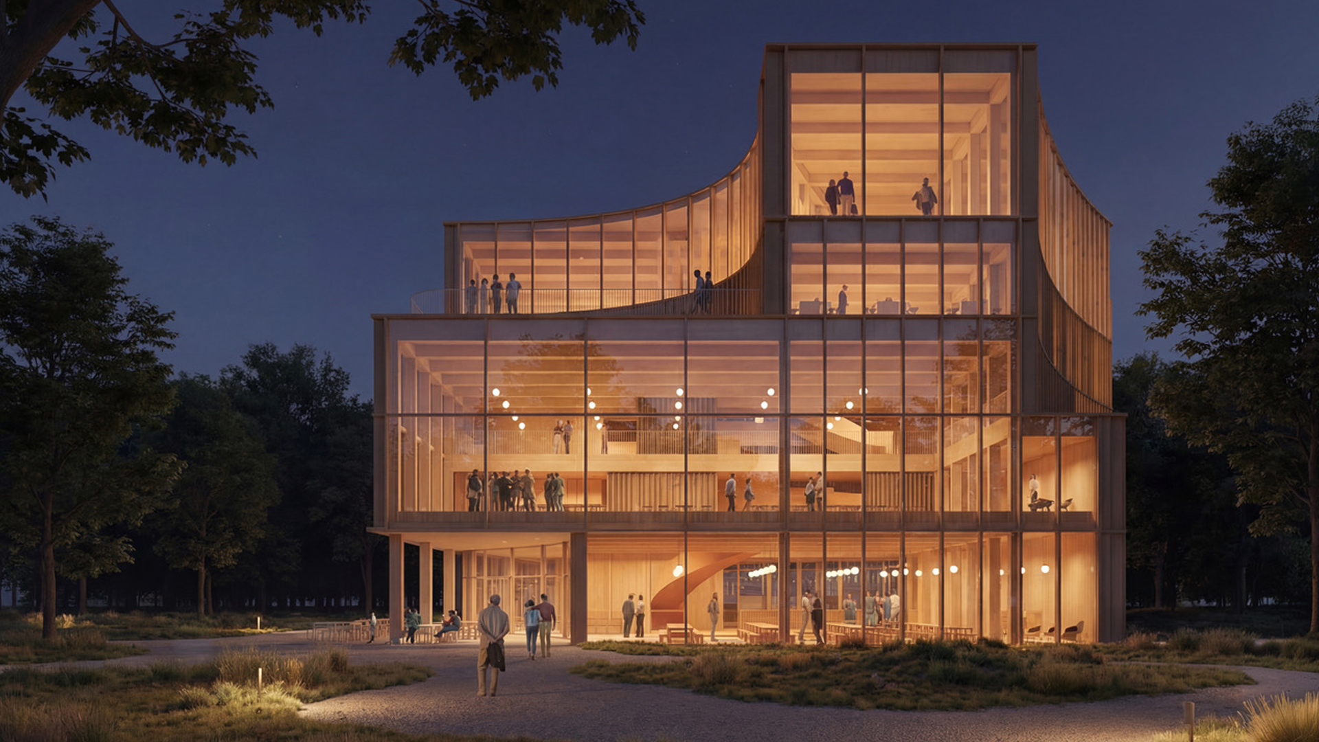 Skiss där arkitektkontoret Henning Larsen har fångat intentionen med Demokratiska. Grundplattan i Demokratiska; kunskap, samtal och inspiration kommer möjliggöras i arkitekturen.